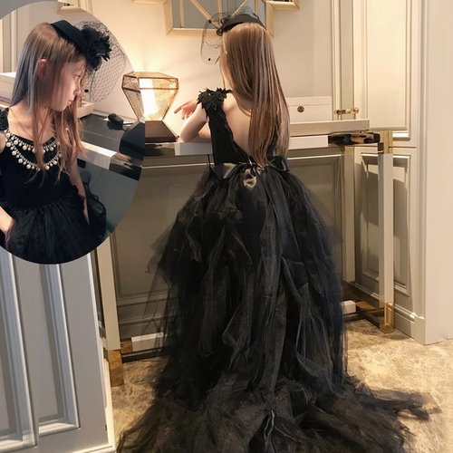 儿童礼服女童黑色露背小礼帽法式
