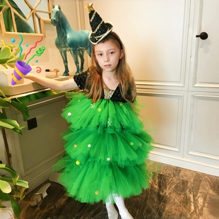 儿童礼服圣诞树造型网纱蓬蓬裙女童派对表演服装公主风亮片装饰