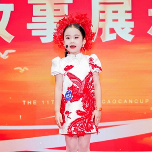 定制女童剪纸旗袍儿童口才艺术表演服中国风红色剪纸文化展演礼服