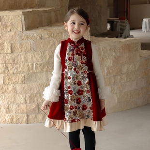 定制生日礼服女童新中式红色亮片背心裙加绒拜年服演出服演讲服装