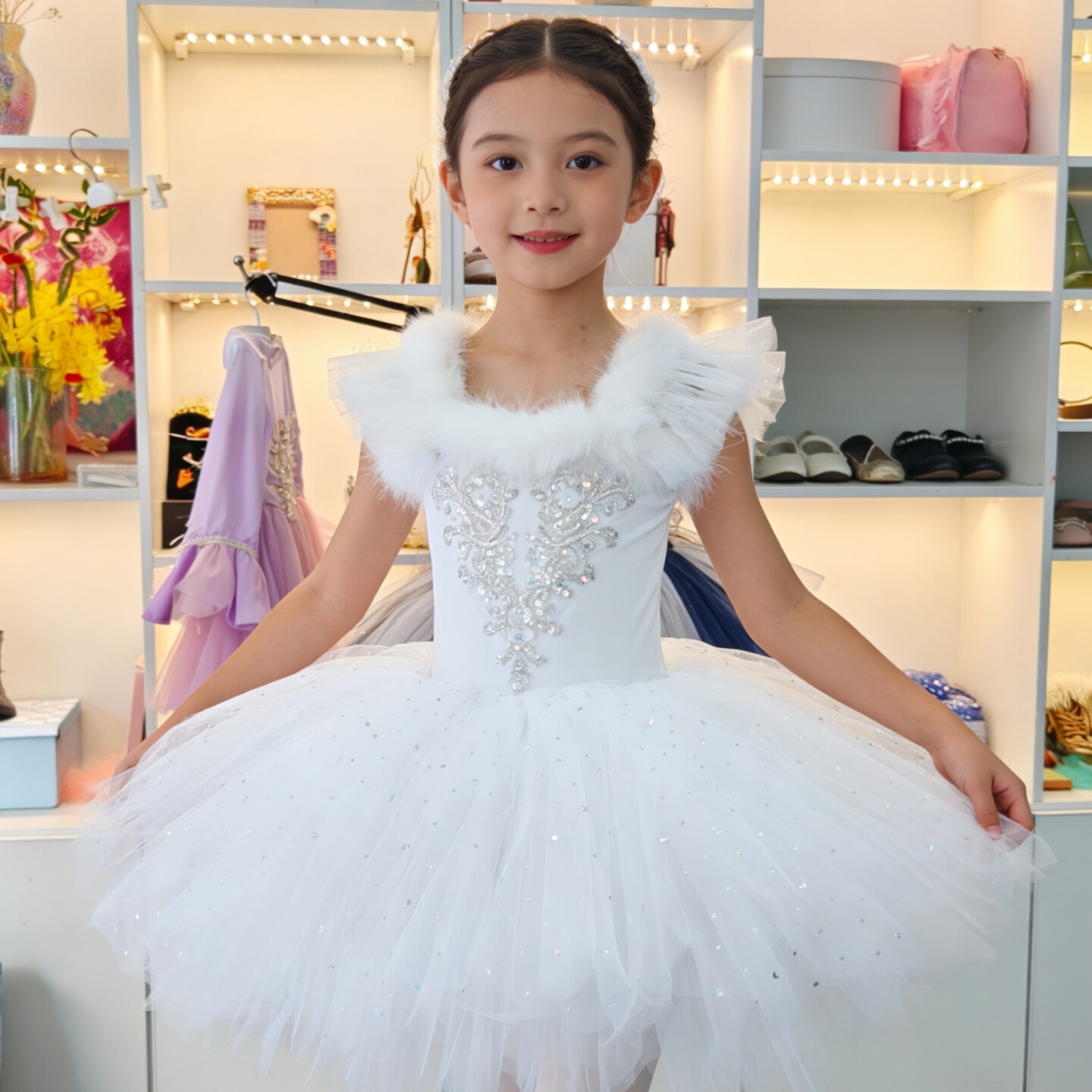 仙童堡白色羽毛生日礼服儿童六一表演服装女童蓬蓬裙雪精灵演出服