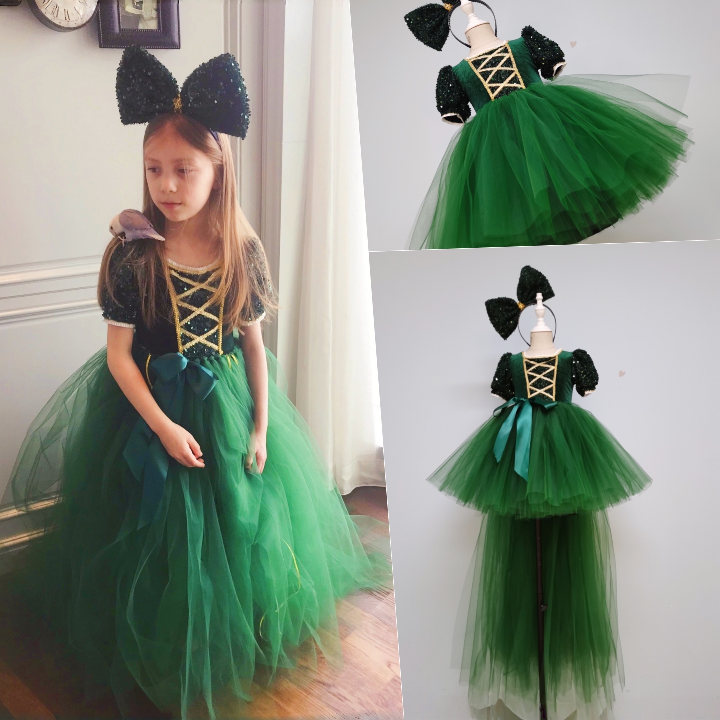 儿童圣诞礼服女童绿色泡泡公主裙