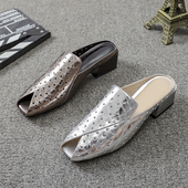 懒人半拖鞋 鱼嘴镂空凉拖鞋 真皮粗跟中跟时尚 新款 女 女外穿2026夏季