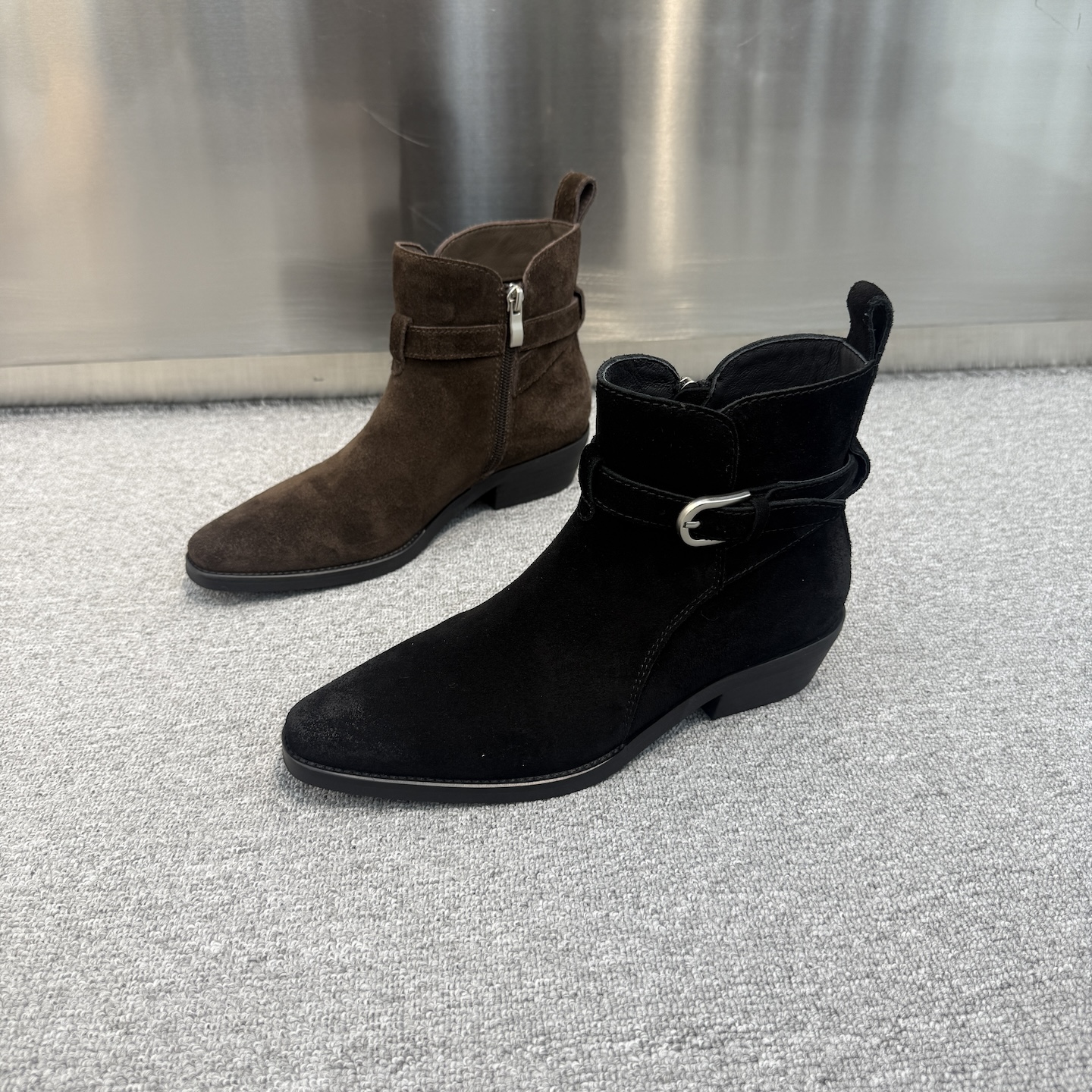 龙猫叔真皮方头擦色粗跟马丁靴