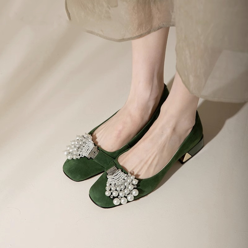 龙猫叔方头浅口串珠珍珠粗跟女鞋