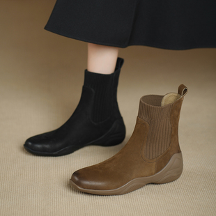 英伦风厚底切尔西短靴女2025秋冬新款 真皮复古坡跟软底瘦瘦马丁靴