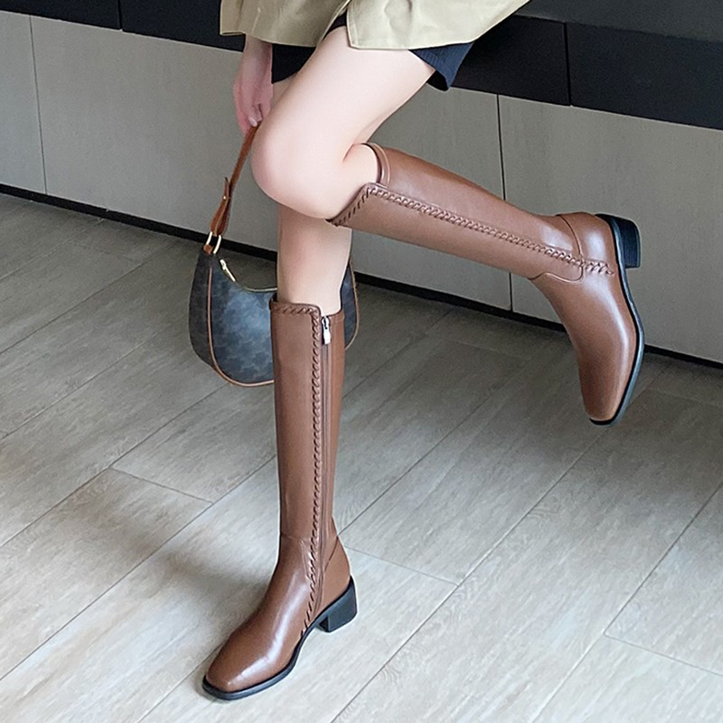 龙猫叔真皮中跟显瘦不过膝长筒靴