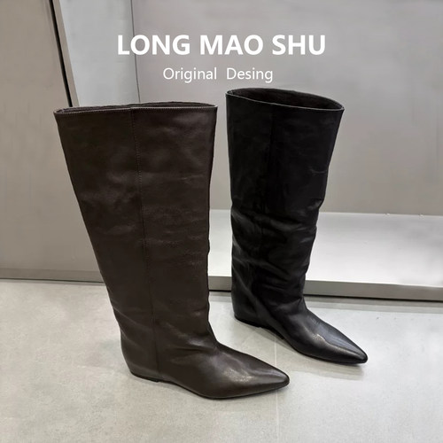 真皮尖头内增高不过膝长筒靴女