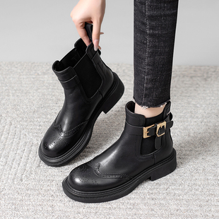 英伦风雕花切尔西短靴女2025秋冬季 真皮复古平底加绒里马丁靴 新款