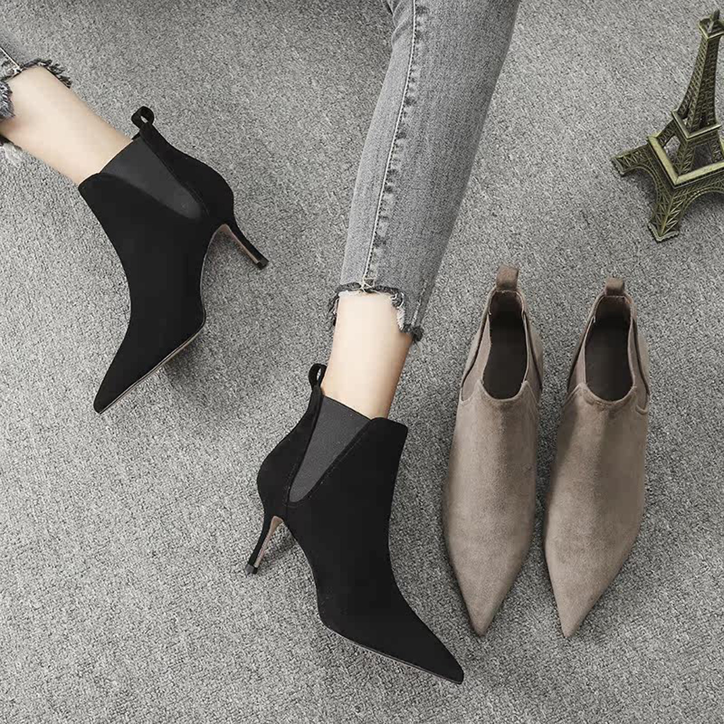 尖头细跟短靴女2025秋冬新款真皮加绒切尔西靴百搭高跟时装瘦瘦靴