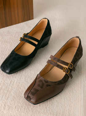 复古风2026春季新款真皮豹纹方头浅口单鞋女一字带内增高玛丽珍鞋