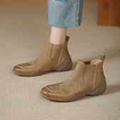 复古风厚底切尔西短靴女2025冬季 新款 真皮圆头低跟百搭加绒马丁靴