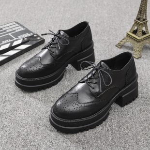 百搭雕花真皮粗跟布洛克女鞋 厚底增高单鞋 2025年新款 英伦风小皮鞋