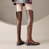 真皮低跟平底长筒靴女2025秋冬新款 圆头棕色加绒过膝靴高筒骑士靴