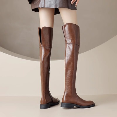 龙猫叔真皮低跟平底长筒靴女