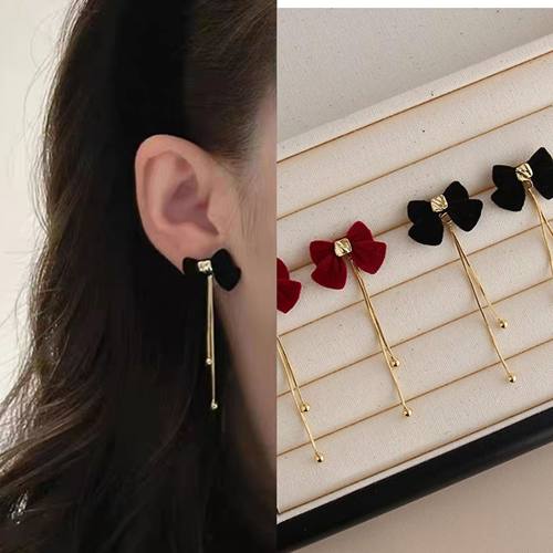 无耳洞「凛冬恋歌」黑色丝绒蝴蝶结耳钉安可拉红蚊流苏香盘耳夹