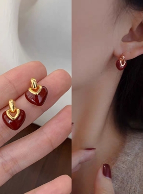无耳洞「红杏枝」红色滴油爱心少女耳针小众高级感灵动蚊香盘耳夹