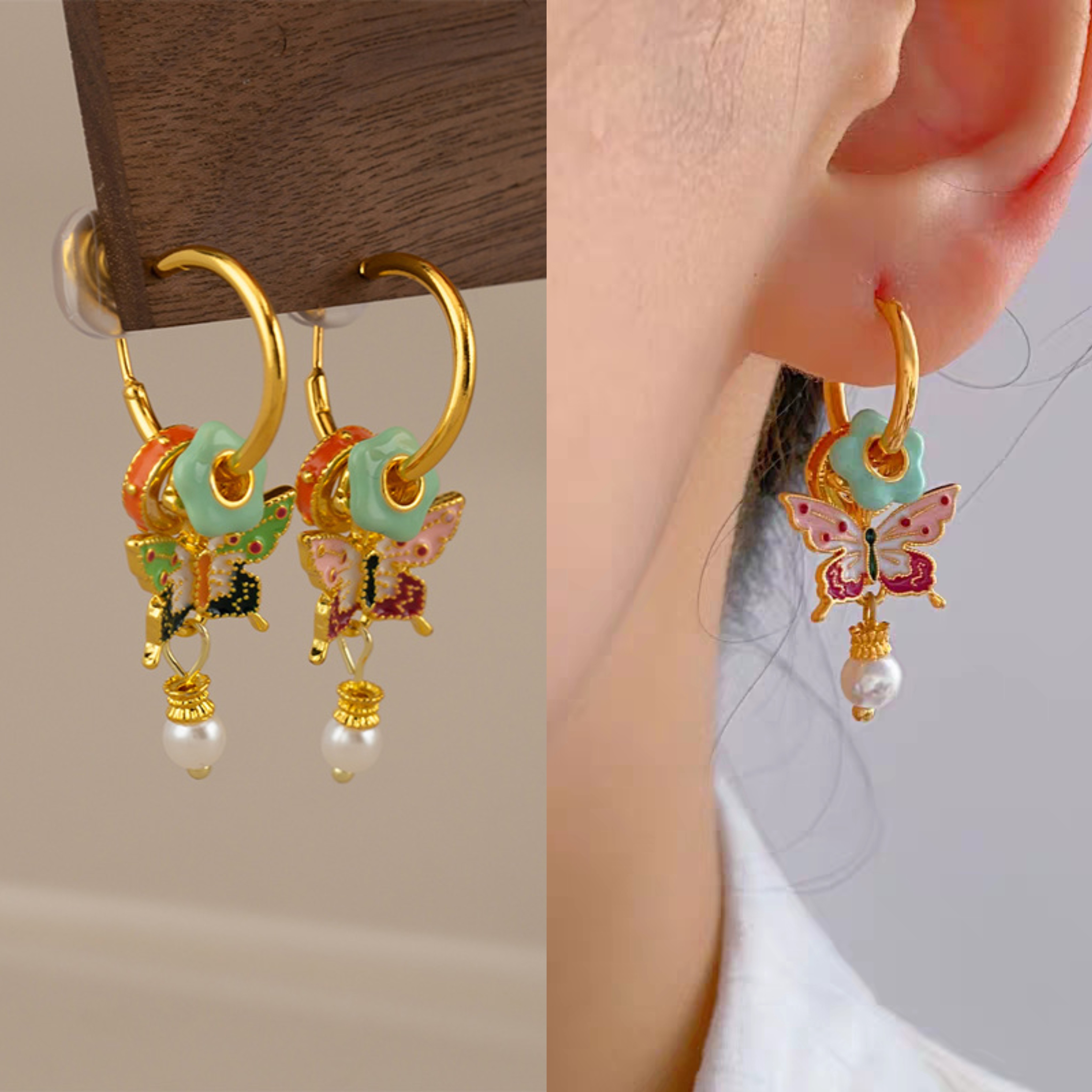 无耳洞「鎏金蝶影」国潮新中式彩绘蝴蝶耳环滴油不对称蚊香盘耳夹