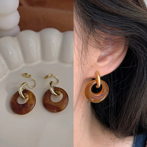 无耳洞「秋日拿铁」美拉德风圆环耳钉简约气质百搭无痛蚊香盘耳夹