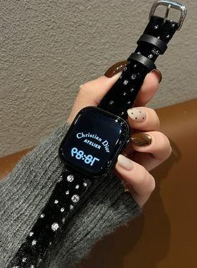 适用苹果手表s11代表带iWatchs10秋冬女Applewatch98韩系绒面雪花