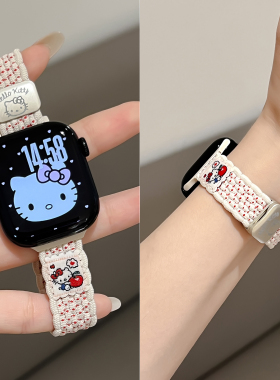 可爱KT猫咪编织尼龙表带适用苹果iwatchs11表带Applewatch987磁吸