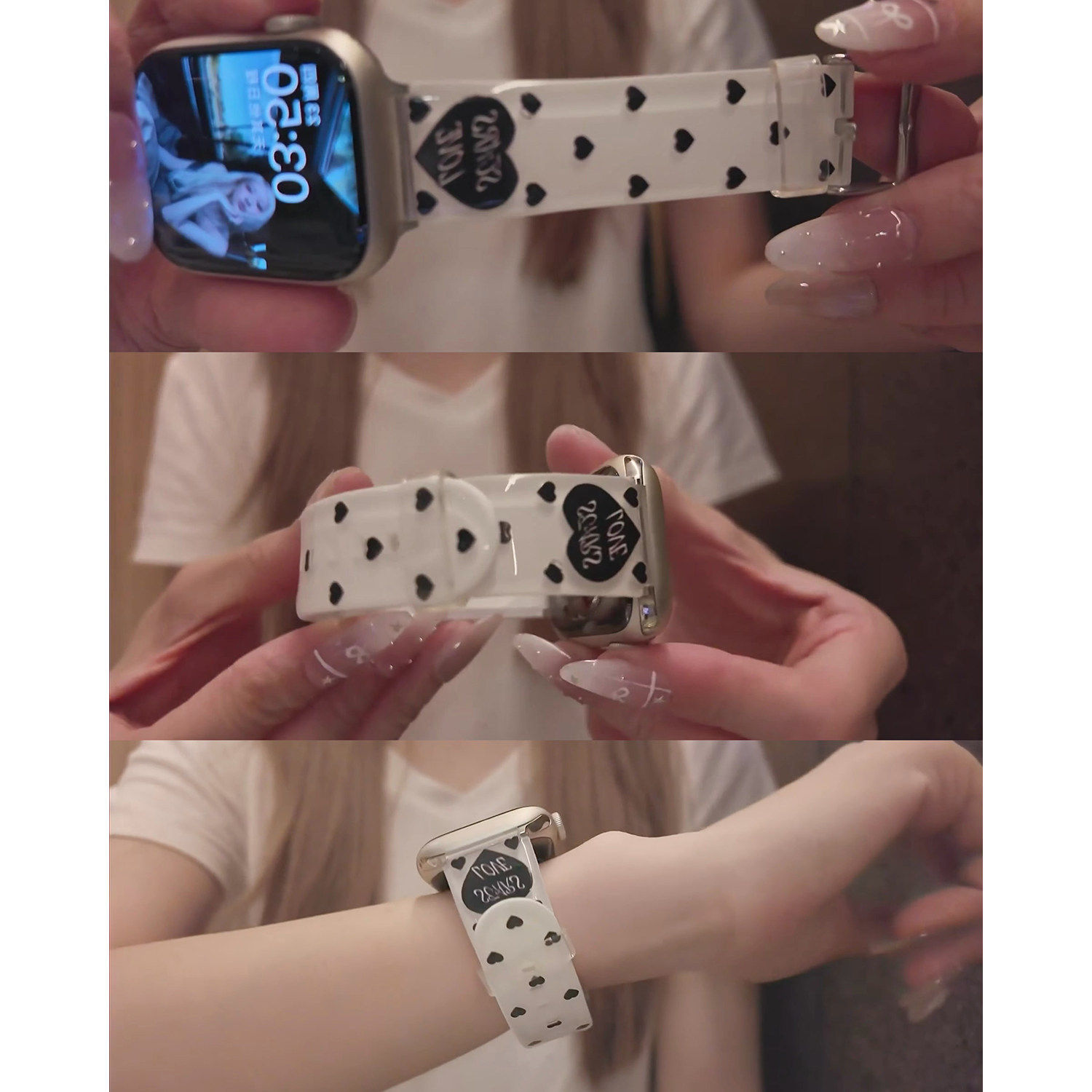 适用苹果iwatchs11表带新款s10/9/8果冻硅胶白底黑爱心S11女表带
