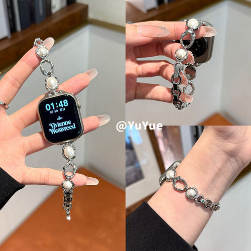 适用iwatchs11苹果s10表带温柔珍珠镶钻金属华为fit54小米10pro女