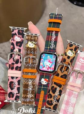 复古格纹毛呢刺绣凯蒂猫皮质表带适用苹果手表iwatch10代987se654