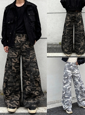 美式迷彩弯刀阔腿工装裤 立体大口袋高街做旧宽松休闲裤男女可穿