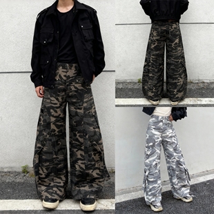 立体大口袋高街做旧宽松休闲裤 裤 男女可穿 迷彩弯刀阔腿工装 美式