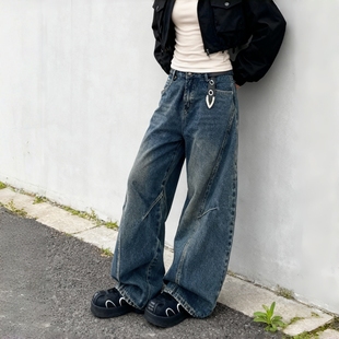 休闲裤 美式 高腰宽松做旧牛仔阔腿裤 复古牛仔裤 男女可穿 复古弯刀裤