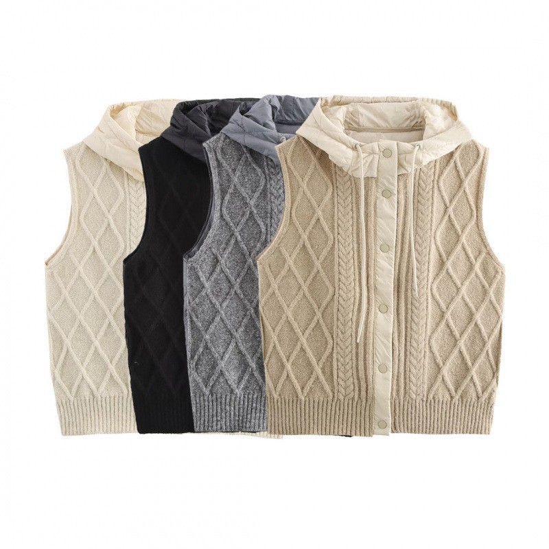 冬季新款女装欧美复古针织连帽开衫马甲背心 women vest new top