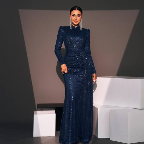 跨境欧美晚礼服长袖气质圆领性感修身长款亮片宴会伴娘服连衣裙女