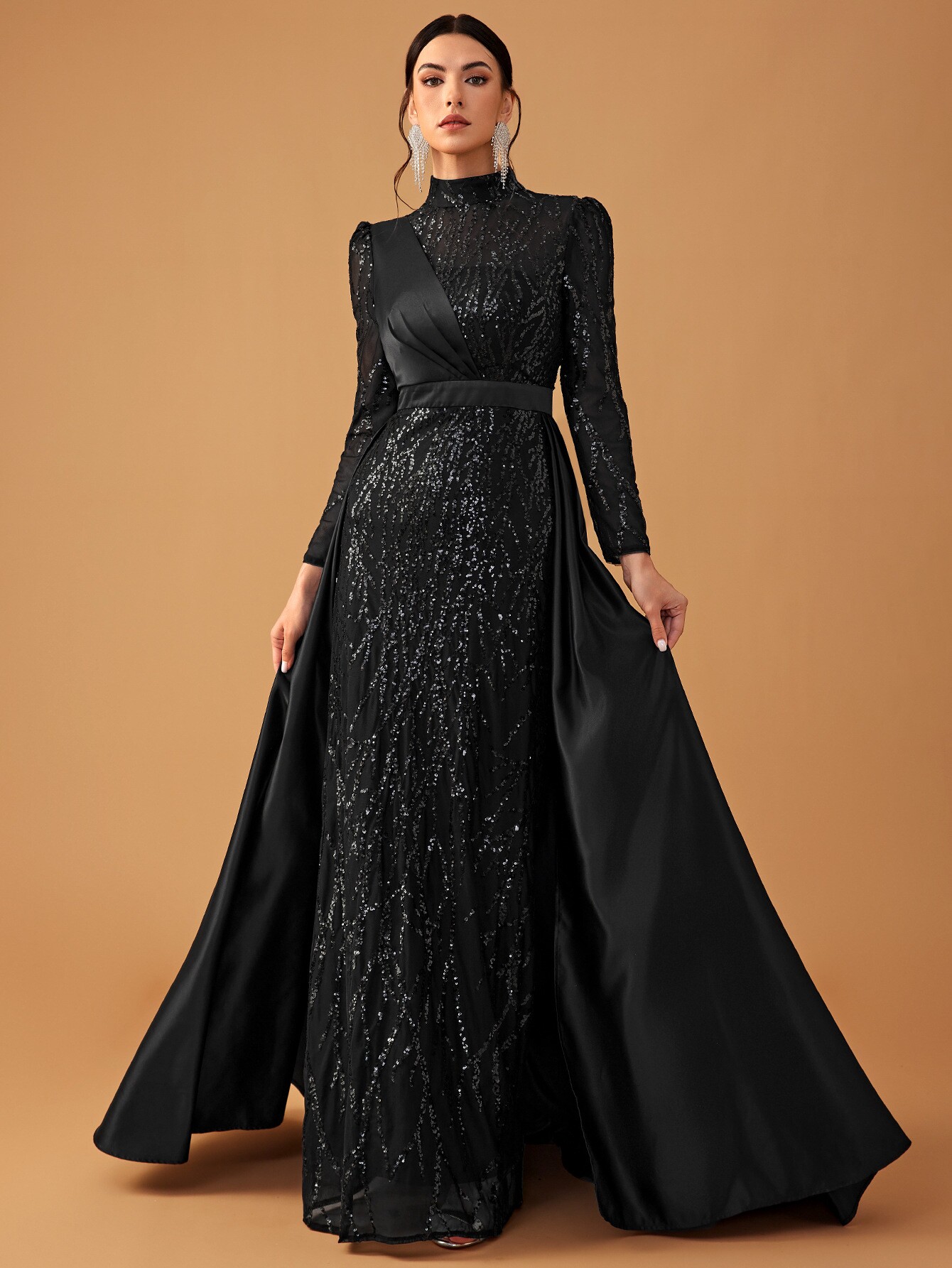 2025欧美秋冬款女士正式重工黑色晚宴礼服裙 Evening Party Dress