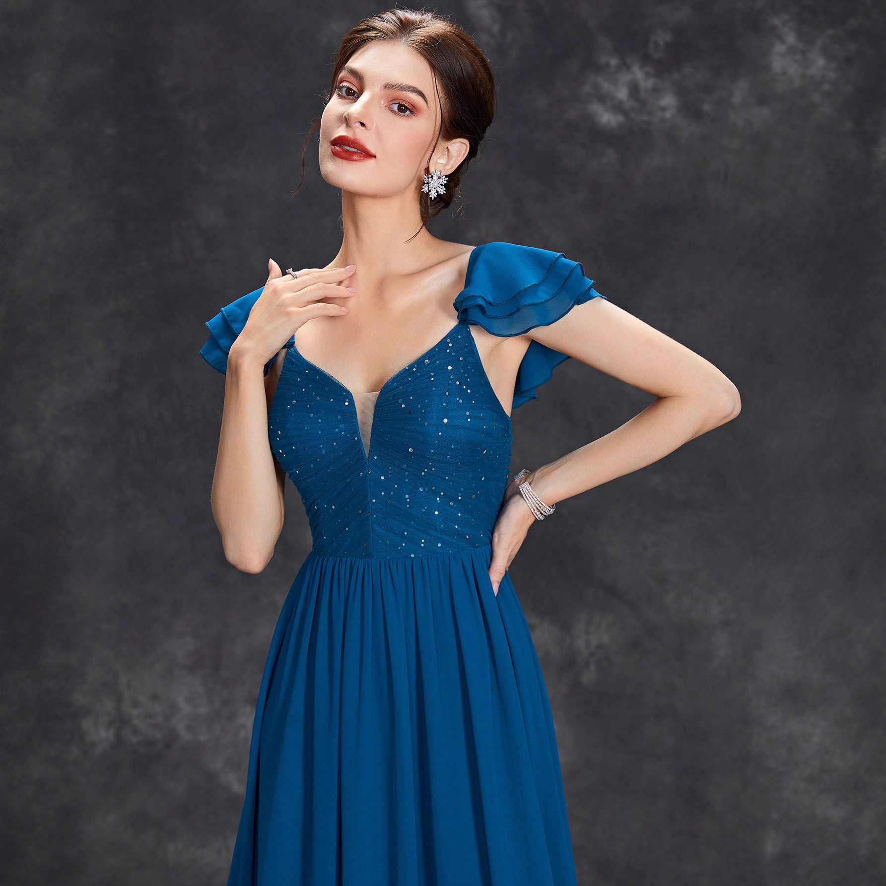 欧美蓝色舞会晚礼服速卖通亚马逊跨境新款吊带连衣裙长款礼服生日