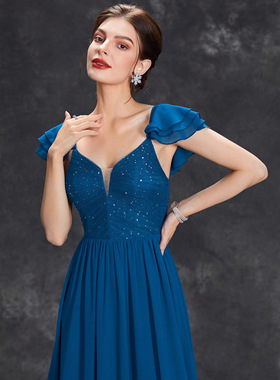 欧美蓝色舞会晚礼服速卖通亚马逊跨境新款吊带连衣裙长款礼服生日