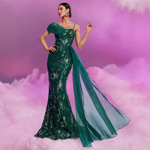 跨境欧美优雅珠片飘带V领吊带气质华丽高贵酒会正式晚宴礼服裙子