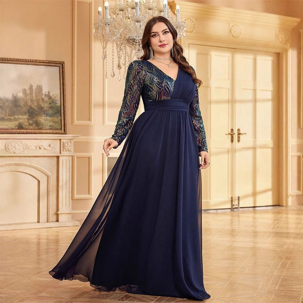 欧美大码新款亮片长袖晚礼服宴会聚会年会晚会服装 party dresses