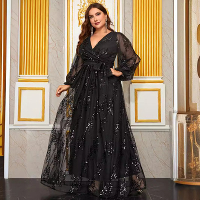女士大码亮片花派对晚礼服V领长款连衣裙 plus size dresses long