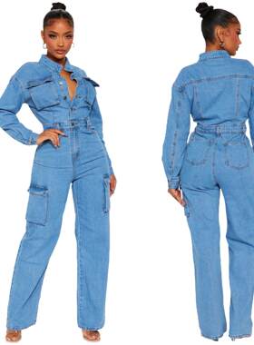欧美跨境弹力风琴袋洗水牛仔连体裤连体衣喇叭裤 jeans jumpsuits
