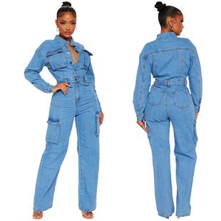 欧美跨境弹力风琴袋洗水牛仔连体裤连体衣喇叭裤 jeans jumpsuits