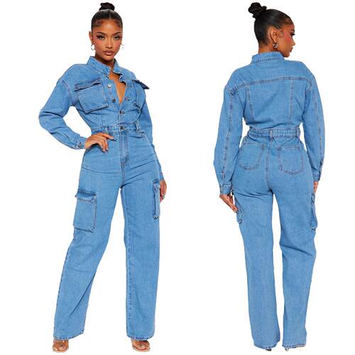欧美跨境弹力风琴袋洗水牛仔连体裤连体衣喇叭裤 jeans jumpsuits