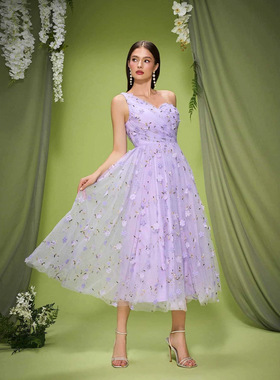 新款跨境外贸礼服裙紫色花边深V显气质晚礼服森系花仙子高端礼服