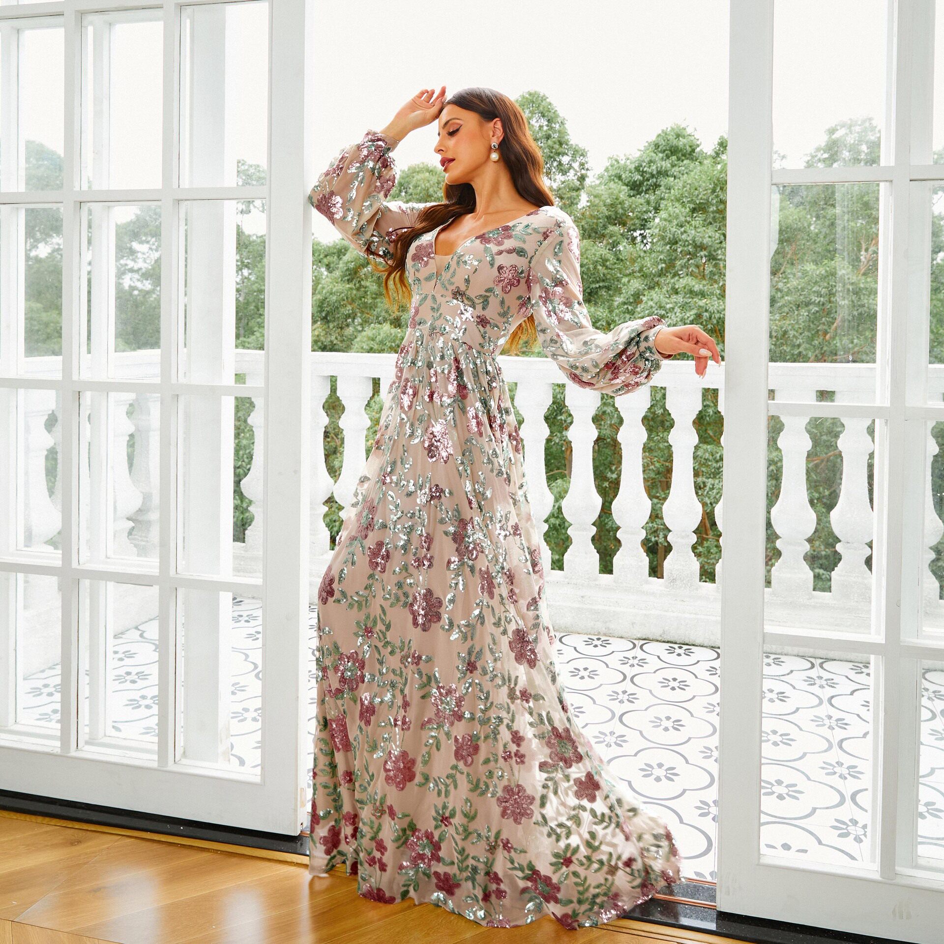 plus size dress 跨境气质长袖长款亮片宴会晚礼服伴娘服连衣裙子