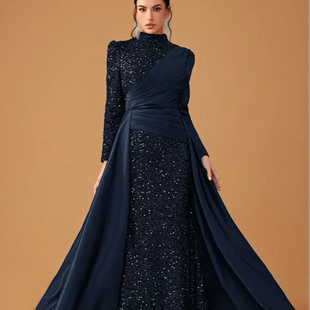 新款女士正式重工晚宴礼服裙欧美高级黑色长款连衣裙欧洲站外贸裙