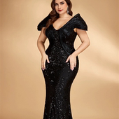 跨境欧美新款 礼服大码 外贸礼服长裙肥婆装 亮片连衣裙宴会晚礼服裙