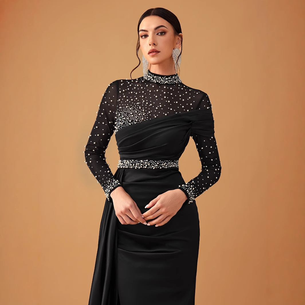 新款女士舞会晚礼服生日聚会婚礼礼服优雅高领长袖晚礼服大码礼服