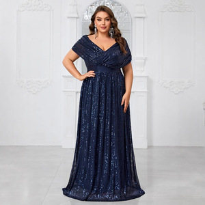 欧美大码礼服亮片V领披肩式短袖生日派对晚礼服 plus size dress