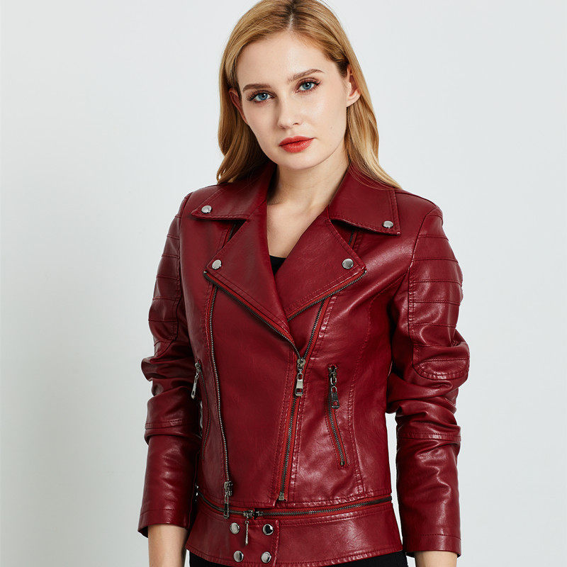 women jacket short coat 欧美风皮衣夹克女士翻领短皮衣酷帅长袖