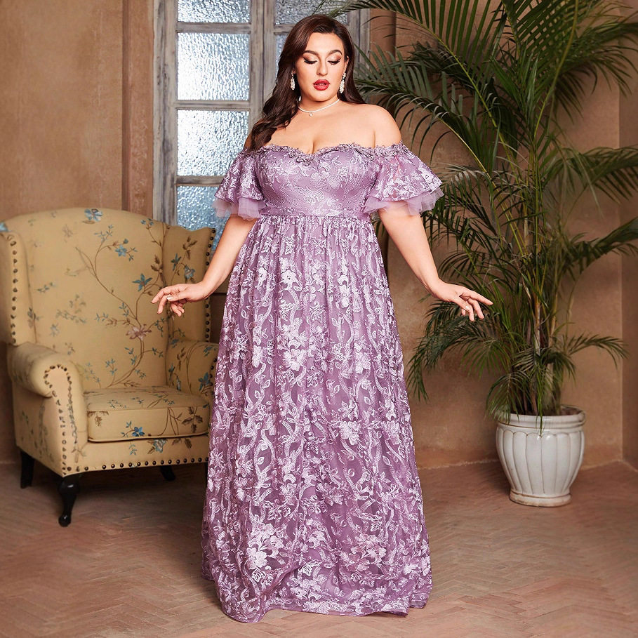 跨境晚礼服女高端艺考学生日成人礼大码紫色长裙大码胖妹妹聚会裙